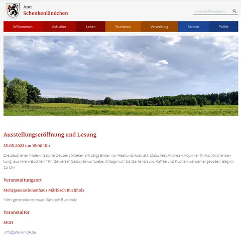 Screenshot der Webseite des Amtes Schenkenländchen mit der Veranstaltungsankündigung „Ausstellungseröffnung und Lesung“ am 25. Mai 2023
